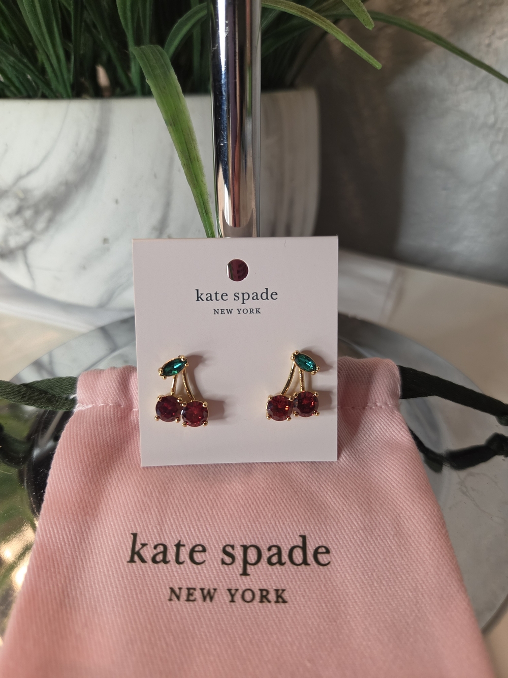 Kate Spade Gold-Tone Cherry Stud Earrings with Red and Green Crystals-Dustbag